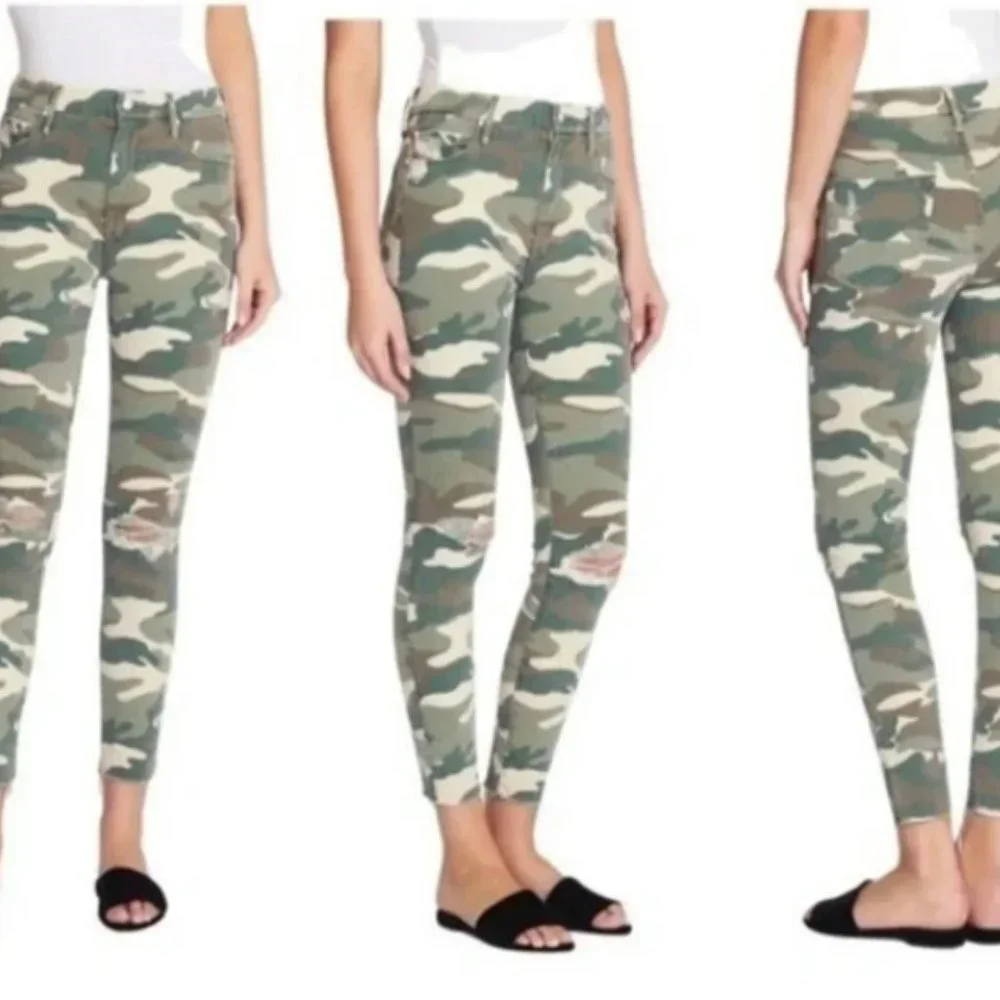 MOTHER High Waisted Looker Ankle Fray in See Me Green Camo Camouflage Size 26 - Picture 2 of 7
